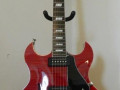 HDC77 Hollow Double Cutaway  Transparent Red Flame Maple 2011 Korea, Alu Max Connect bridge, Twin CoAxe pickups, front.